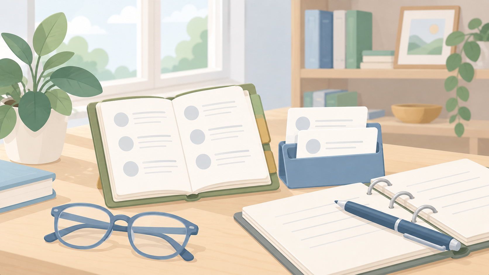 Soft illustration of an open address book, blank contact cards, reading glasses and a cream binder on a pale study desk