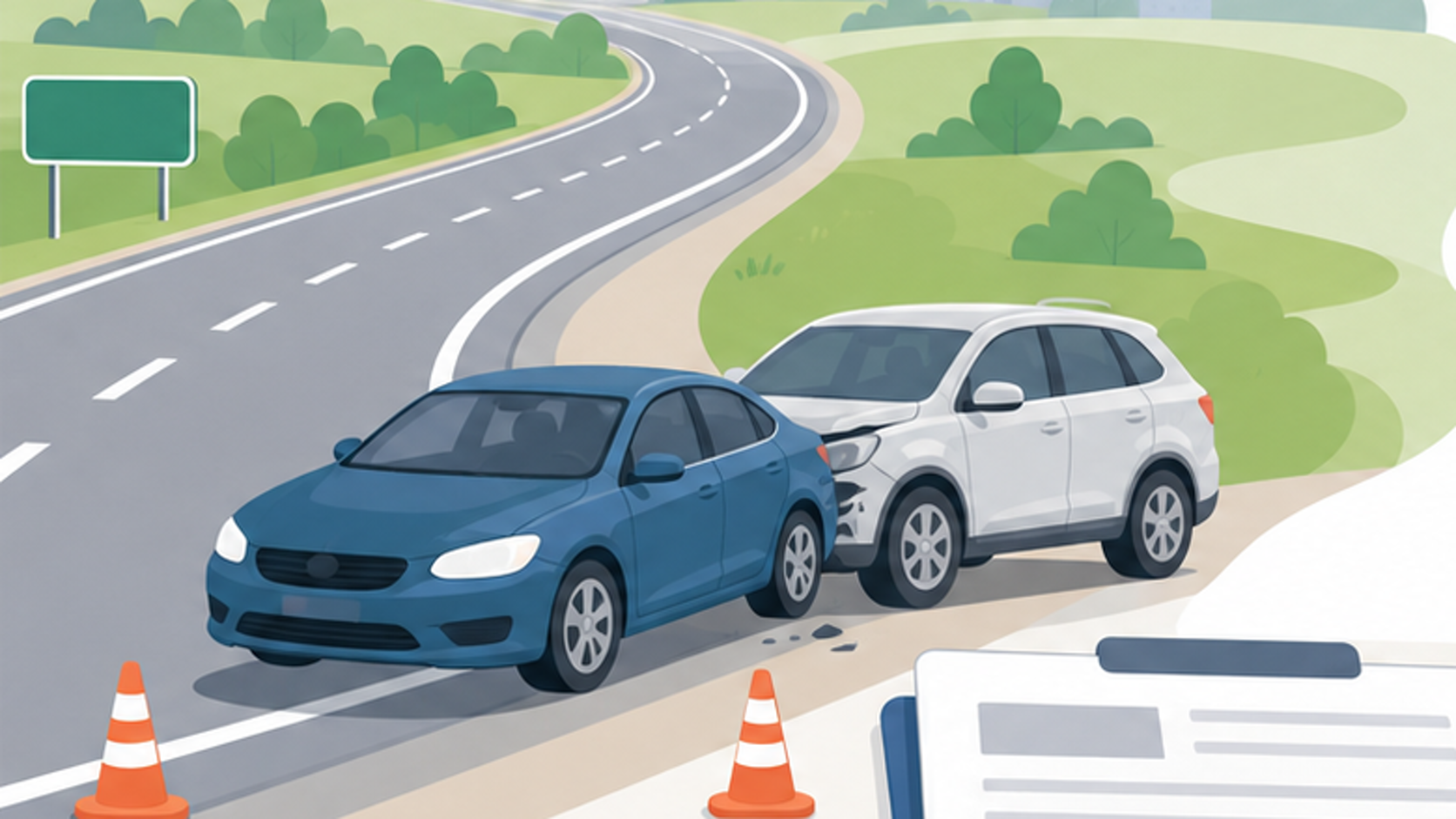 Illustration of an interstate crash scene with cars, cones, documents, and a phone