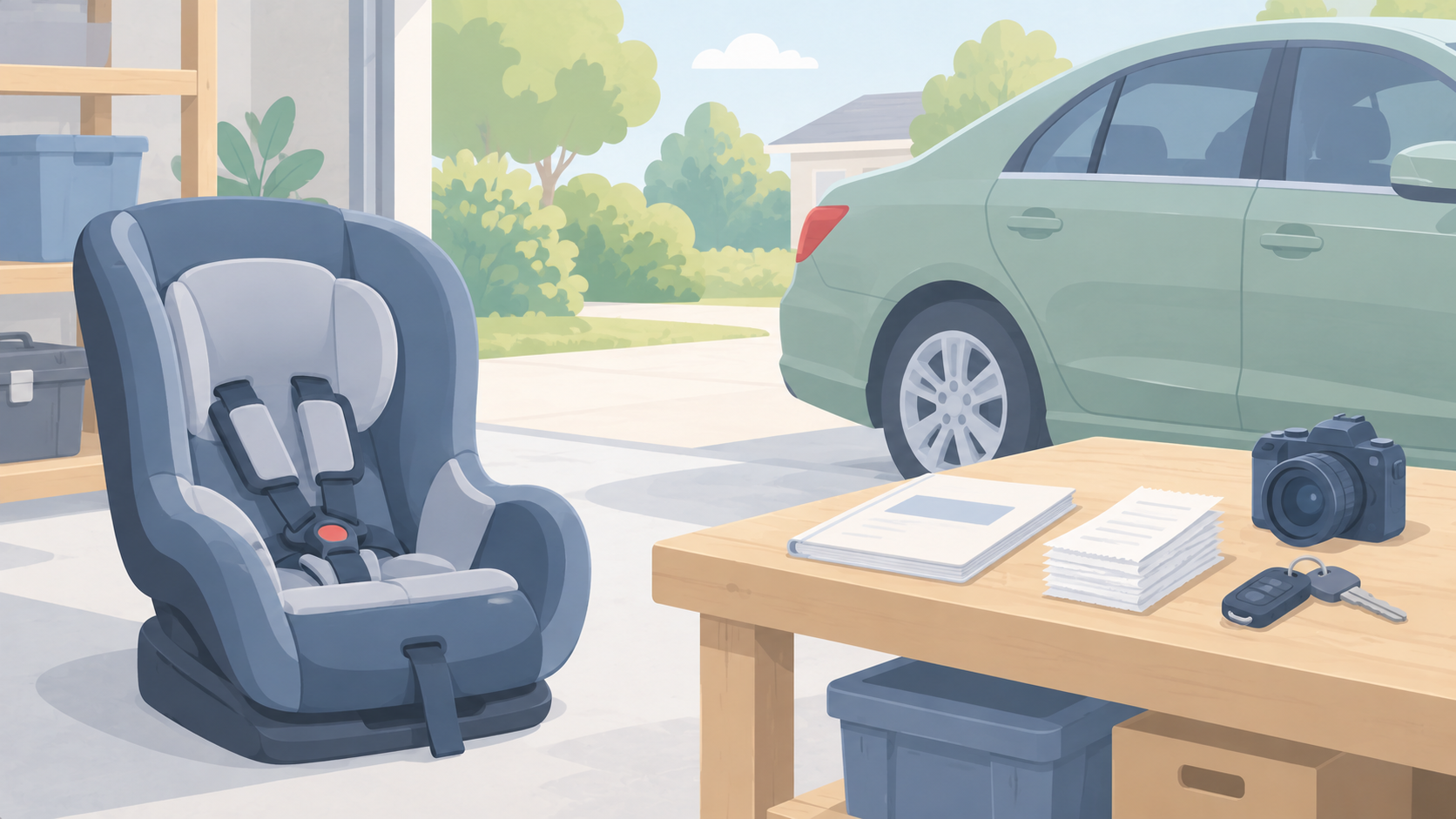 Unoccupied blue child safety seat beside a garage workbench with a booklet, receipts, camera, and keys, with a parked green car outside