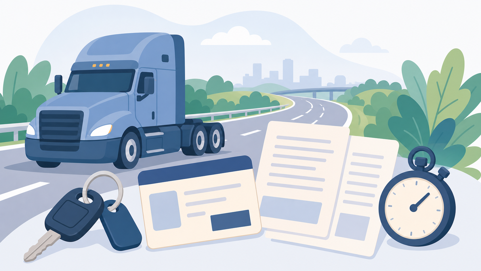 Flat illustration of a semi-truck on a highway with a car key, blank commercial license card, blank paperwork, and stopwatch