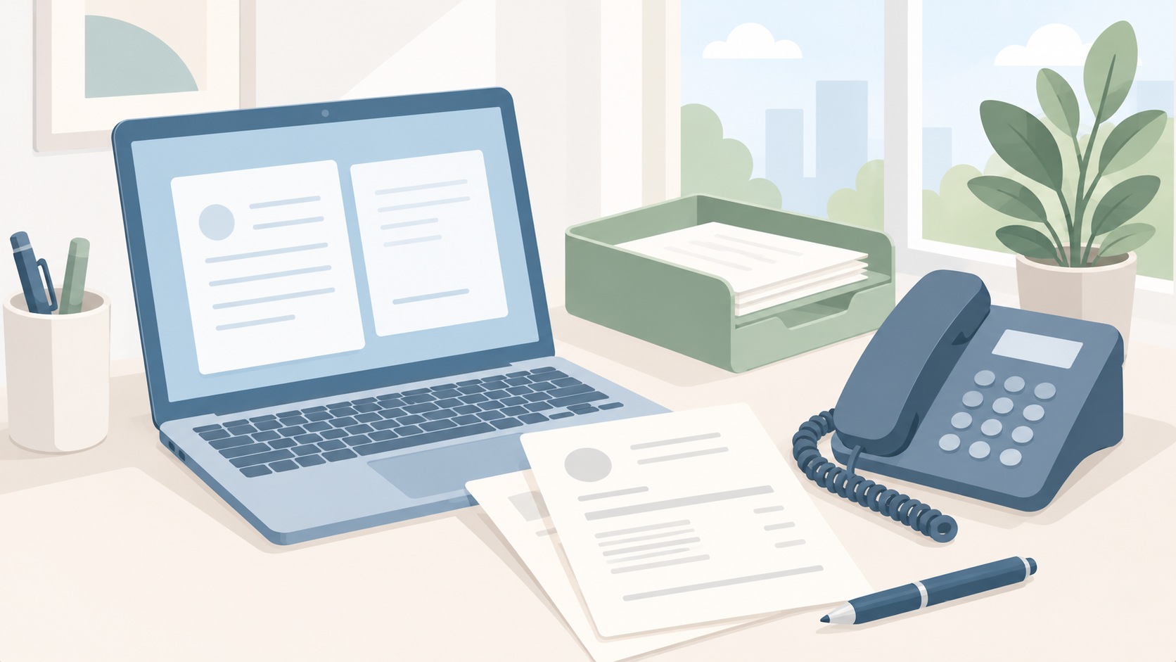 Soft illustration of a laptop, invoice papers, blue desk telephone and sage document tray in a pale office setting