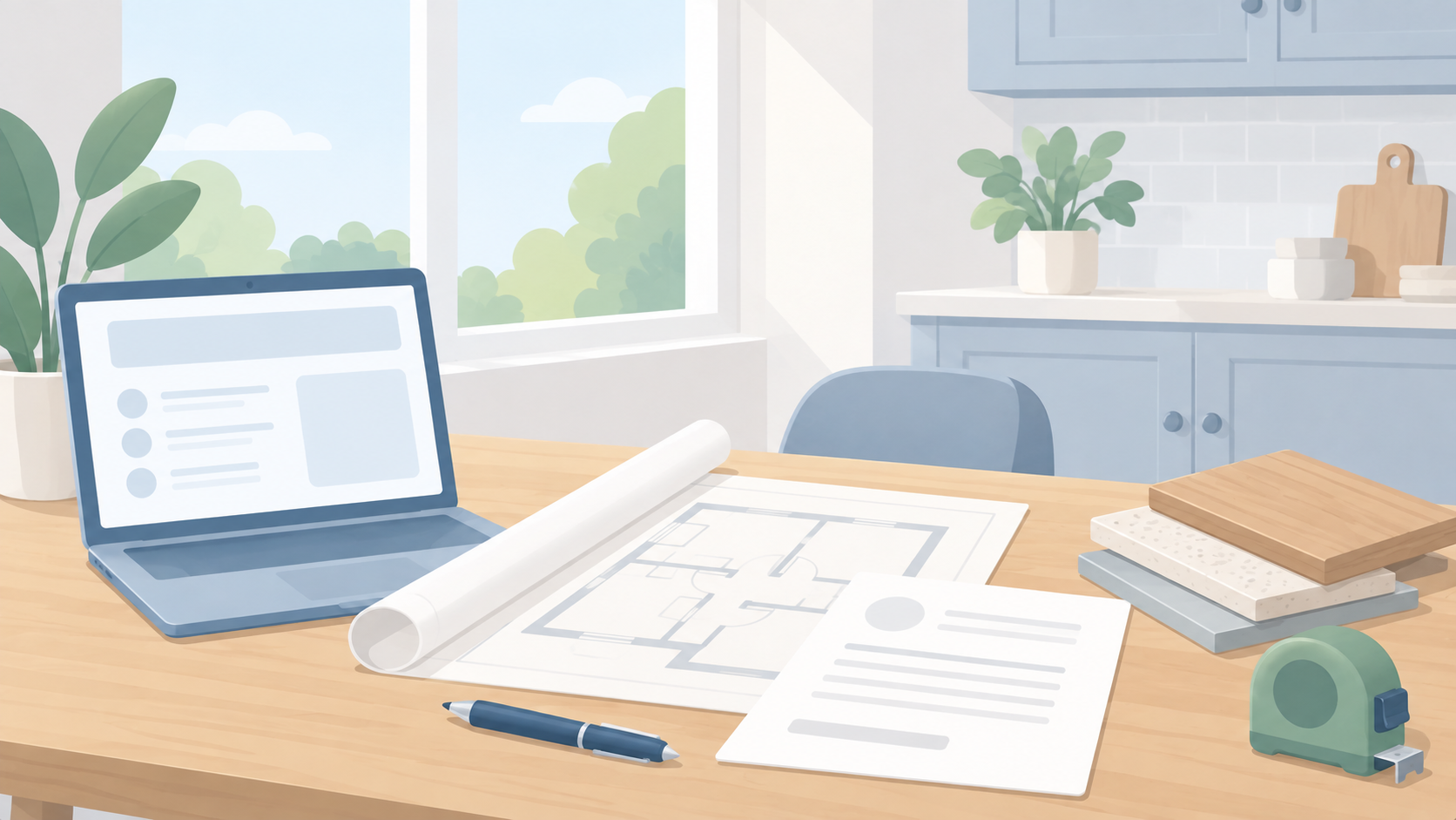 Laptop, building plans, a proposal, material samples, and a tape measure arranged on a wooden table in a pale blue kitchen