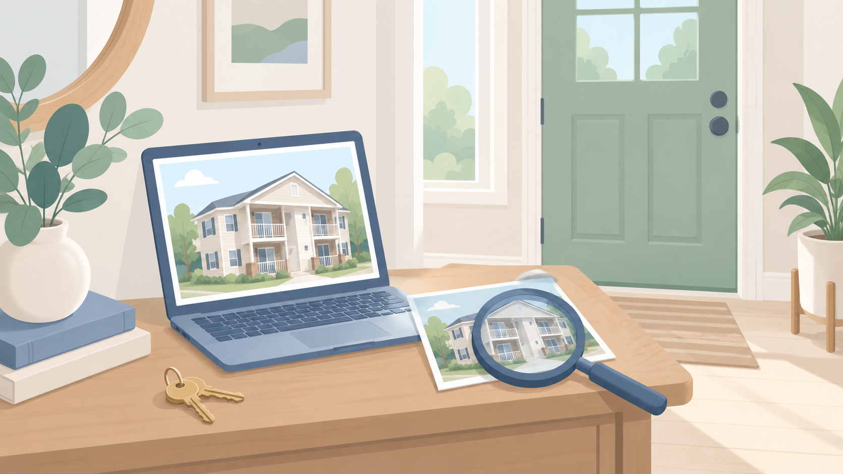 Soft illustration of a laptop, rental-property photograph, magnifying glass, and keys on a table near a sage entry door