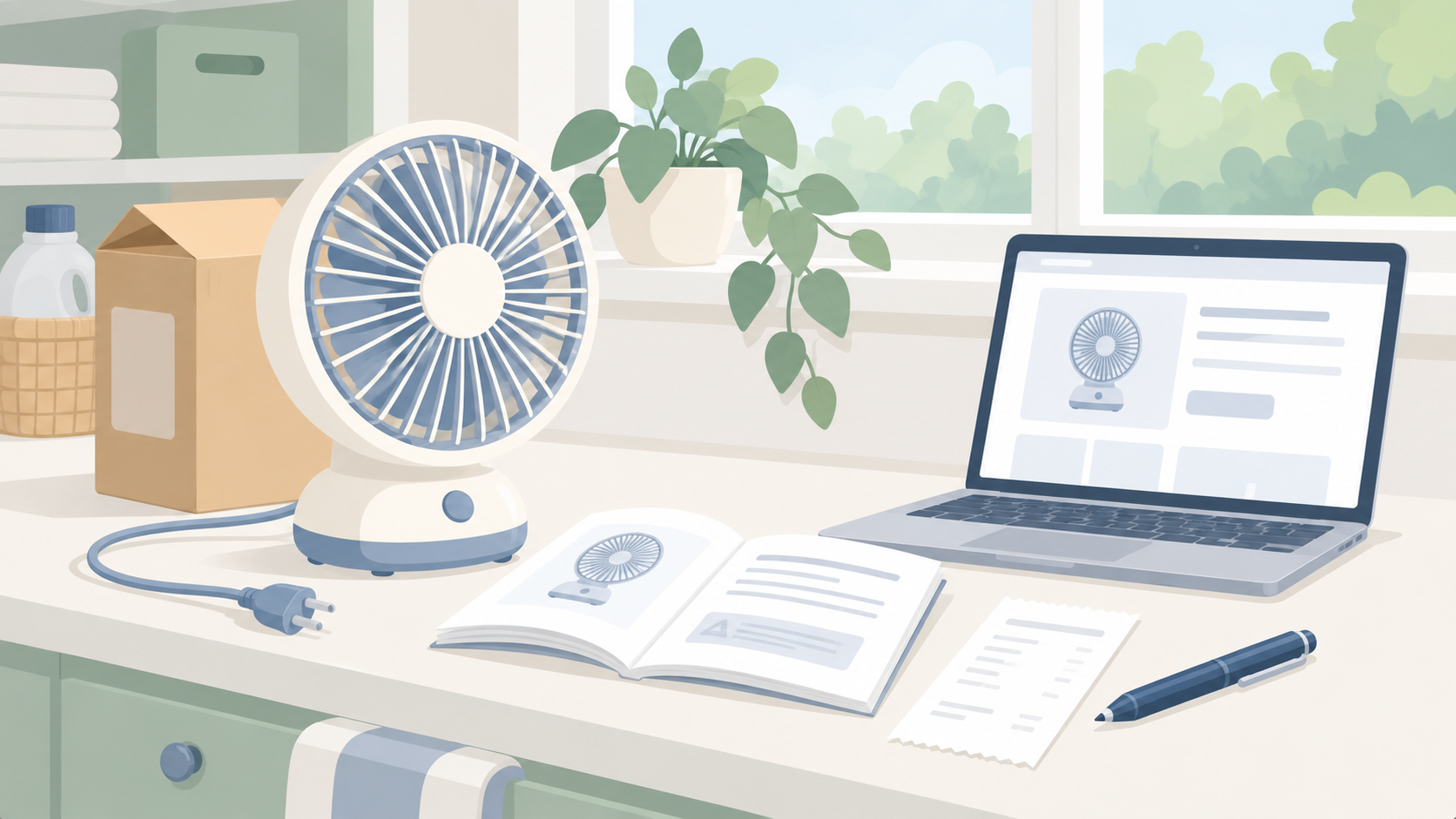 Soft illustration of an unplugged household fan, laptop, instruction booklet, receipt, and packaging on a pale utility-room counter