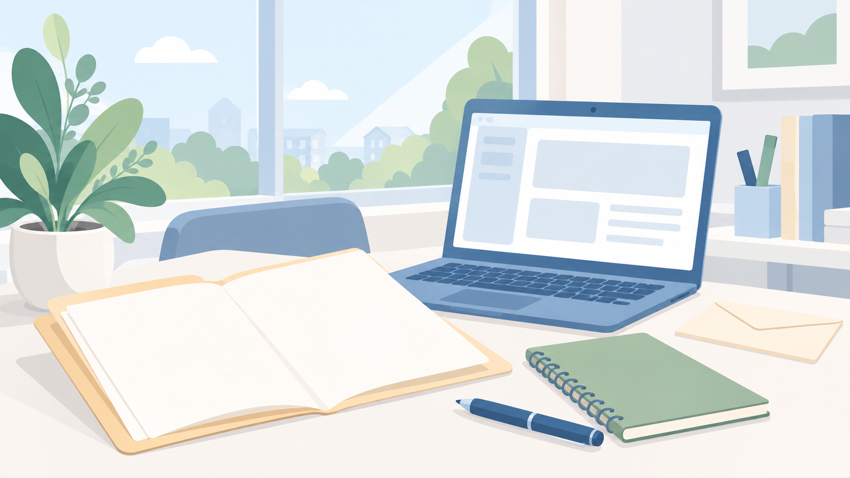 Soft illustration of a laptop, open contract folder, notebook, envelope, and pen on a desk beside a window