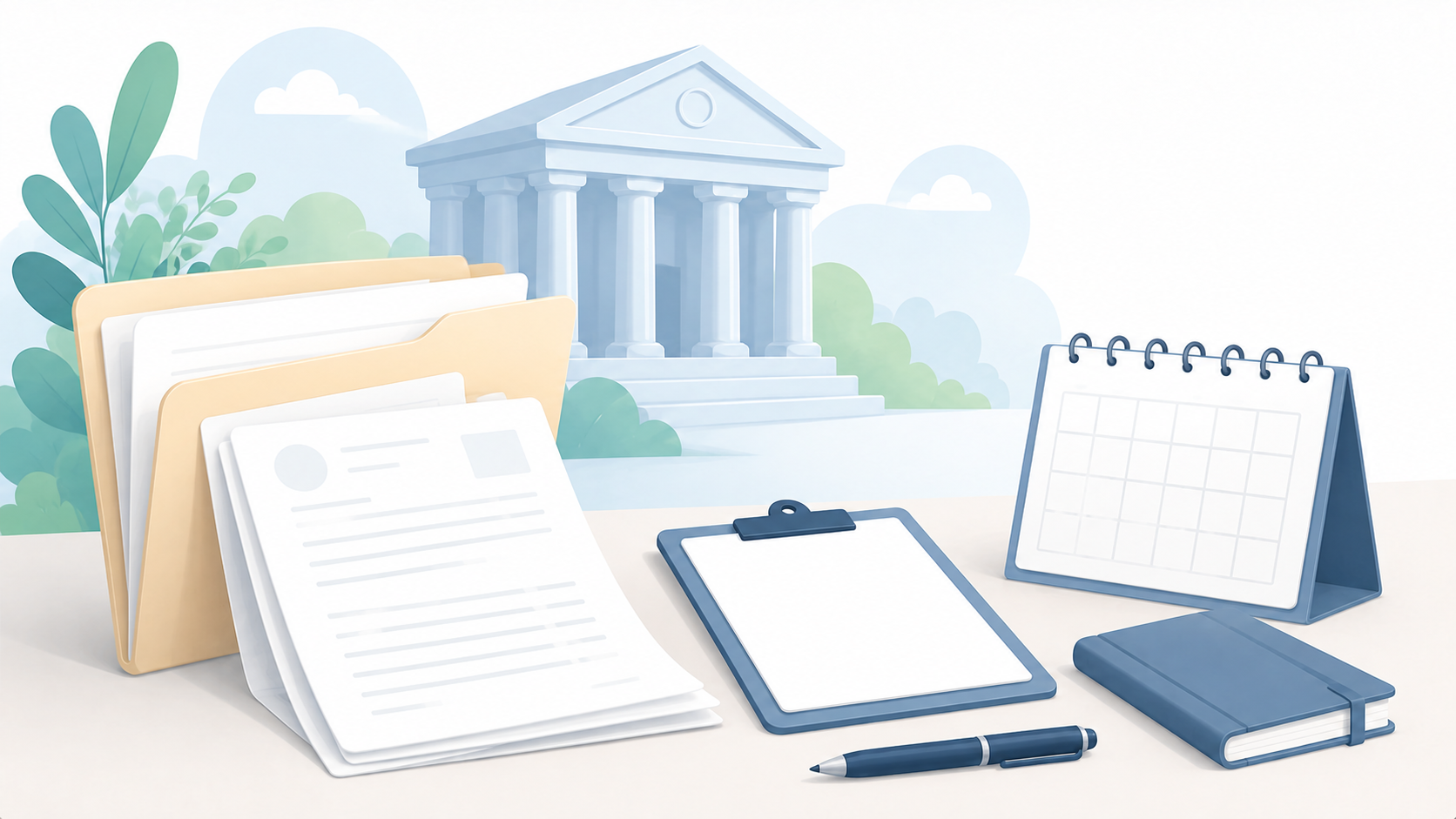 Soft illustration of organized court papers, a blue clipboard, a pen, and a blank calendar with a pale courthouse behind