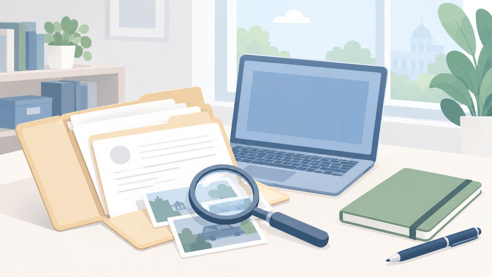 Soft illustration of a laptop, open document portfolio, photographs, magnifying glass, and notebook in an empty counsel workroom