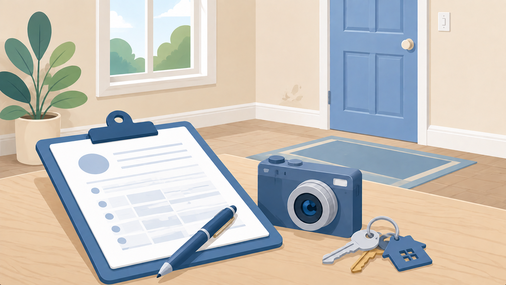 Soft illustration of an inspection clipboard, camera, keys, and pen in a pale rental-room interior