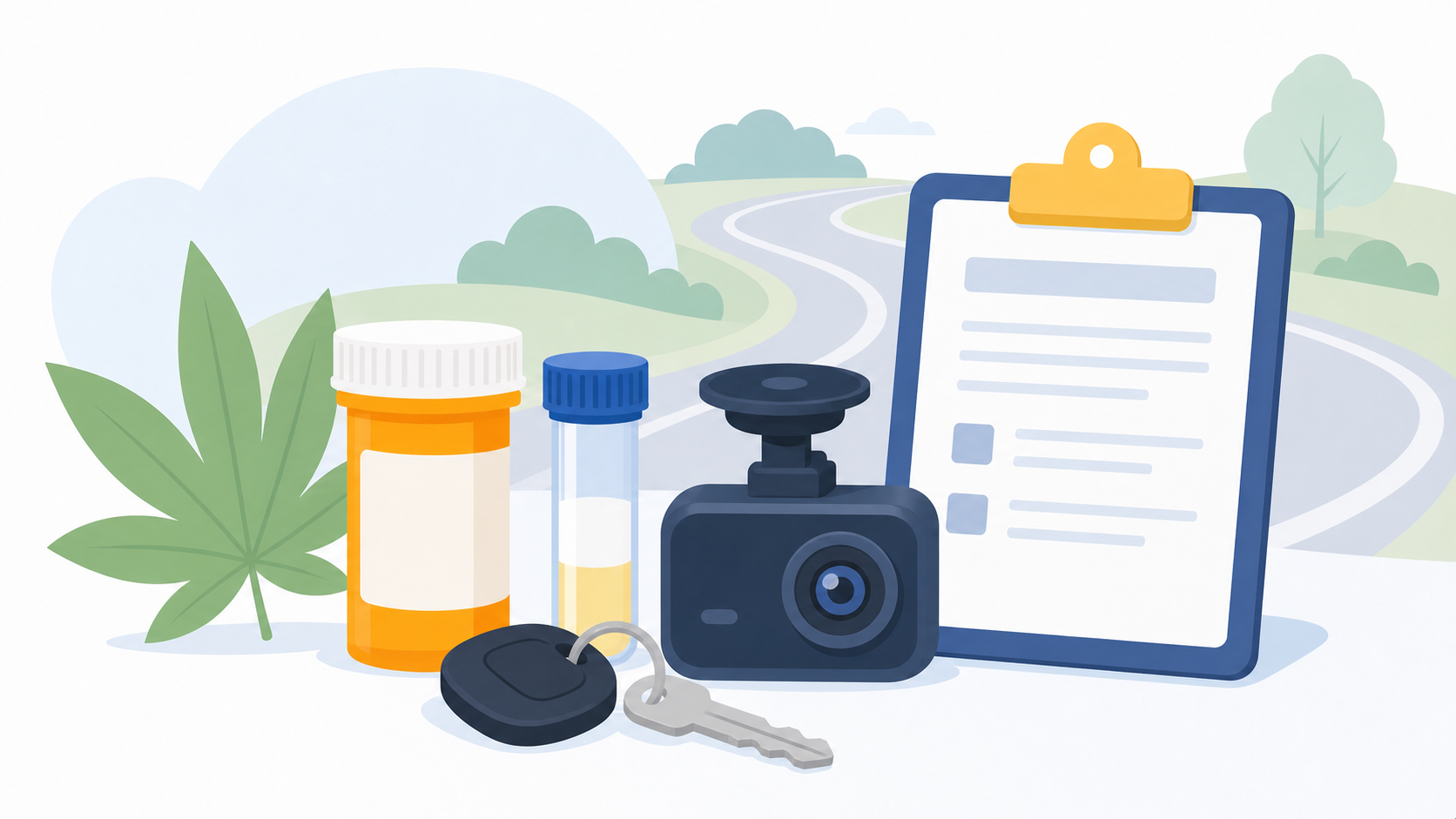 Flat illustration of a cannabis leaf, blank prescription bottle, medicine vial, dashboard camera, car keys, clipboard, and roadway