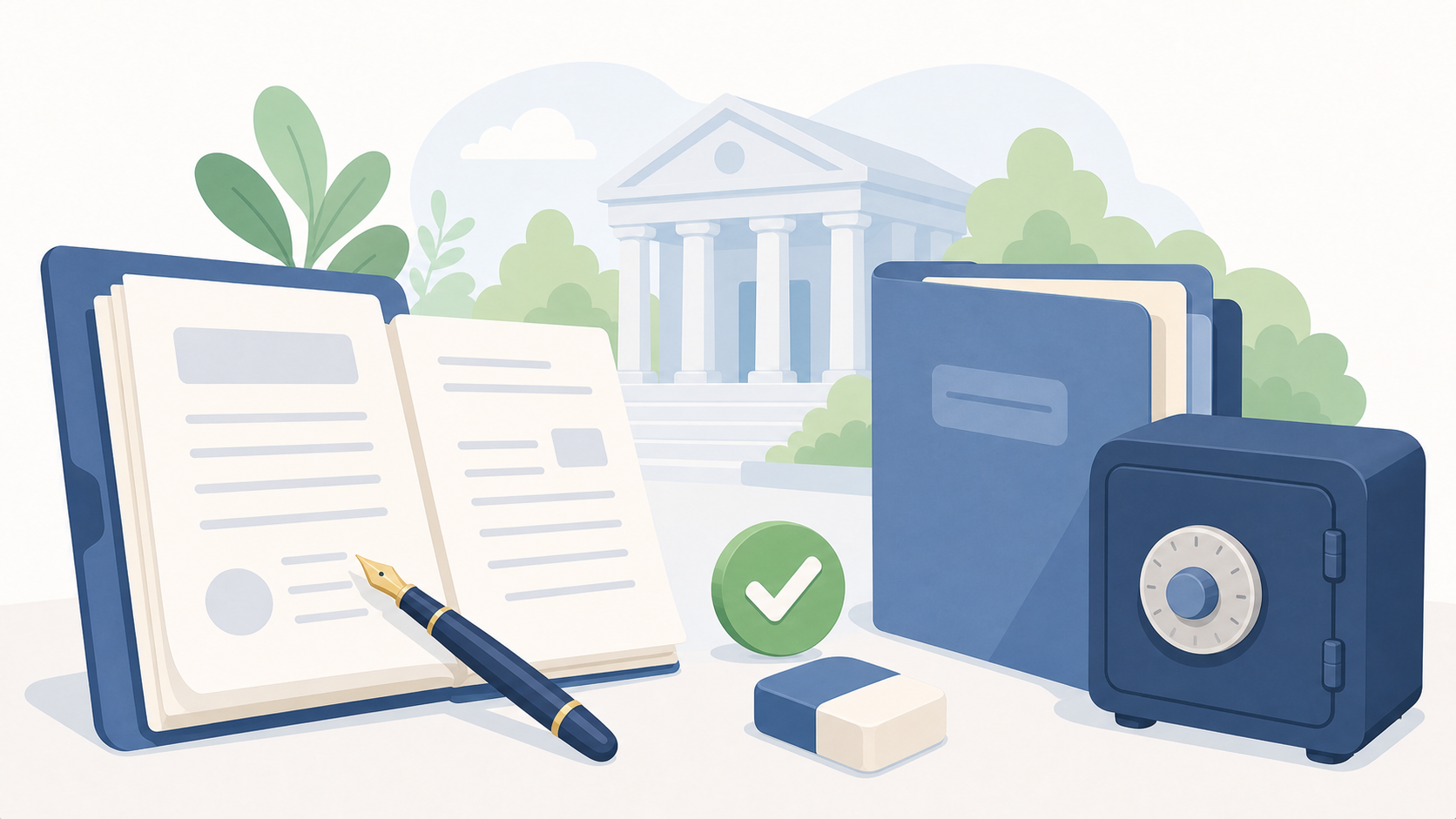 Flat illustration of court paperwork, a courthouse, document folders, a safe, a pen, and a green approval checkmark