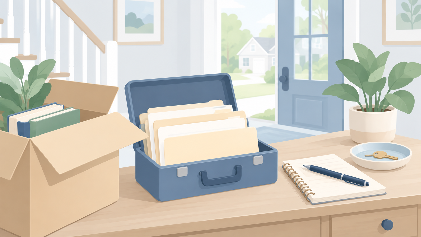 Soft illustration of a moving box and an open blue document case on a home console, with a notebook, key, and plant