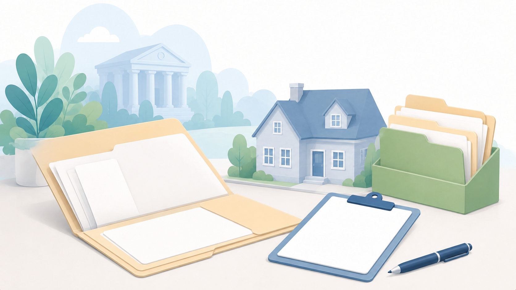 Soft illustration of an open document folder, a house, organized files, a clipboard, and a pen