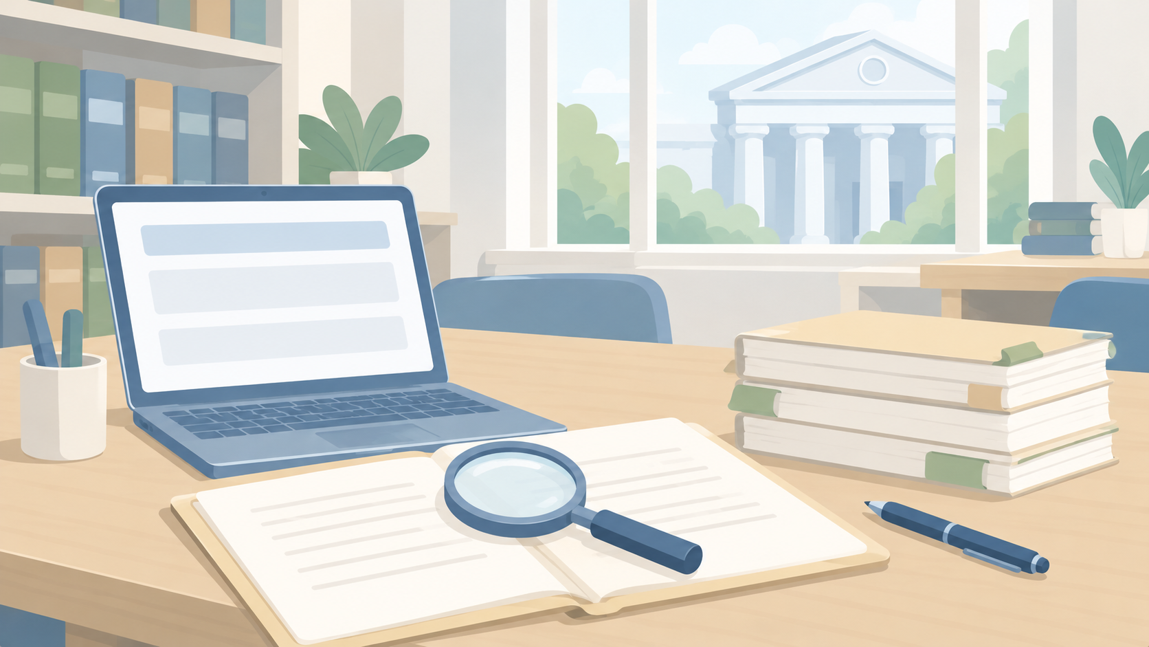 Soft illustration of a laptop, open record book, magnifying glass, stacked files, and pen in an empty courthouse reading room