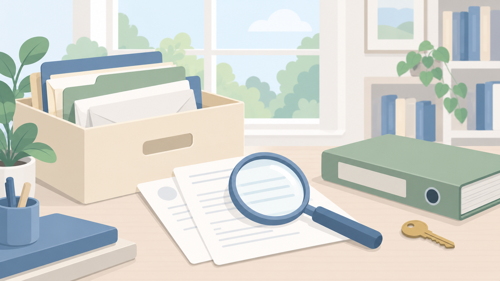 Soft illustration of an archive box, plain envelopes, magnifying glass, sage binder and brass key on a pale study desk