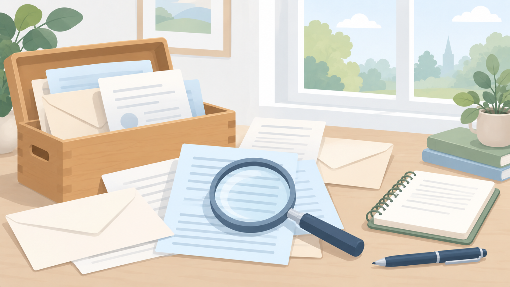 Soft illustration of old correspondence, a wooden document box, magnifying glass and notebook on a quiet study desk