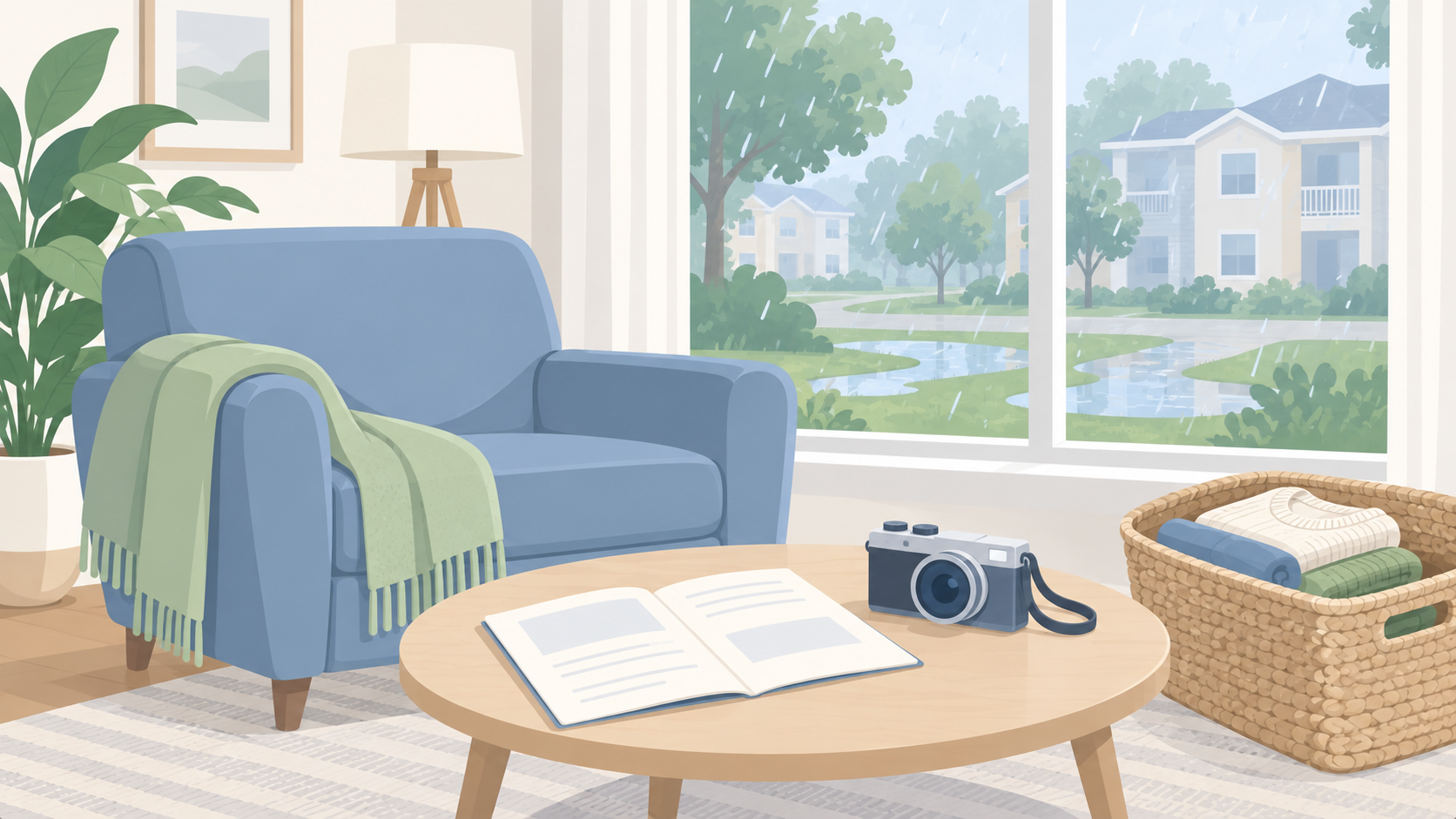 Soft illustration of an armchair, insurance booklet, camera, and basket of belongings beside a window overlooking a rain-damp courtyard