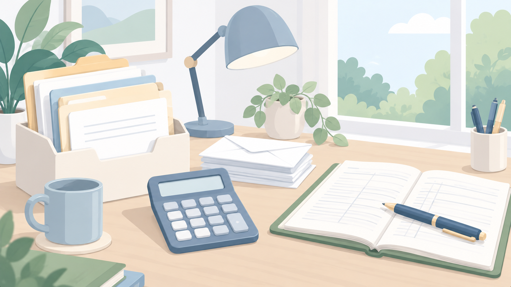 Soft illustration of an estate-record organizer, blank calculator, envelopes, ledger, and pen on a pale desk beside a garden window