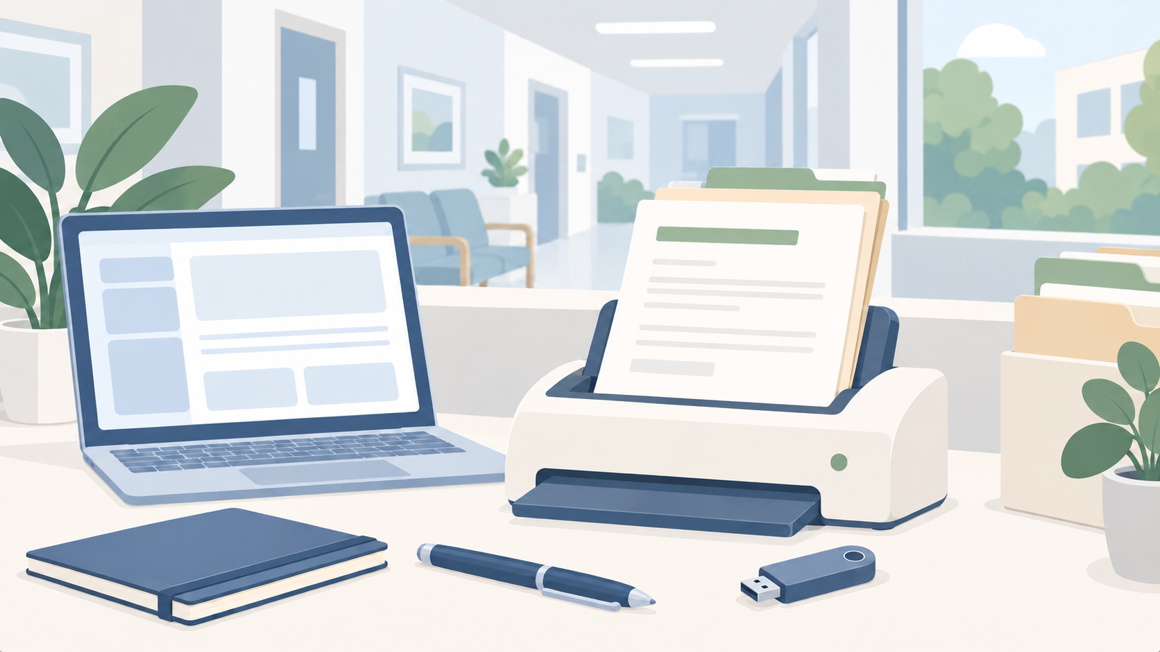 Soft illustration of a laptop, document scanner, medical-record packet, notebook, pen, and USB drive on a pale clinic counter