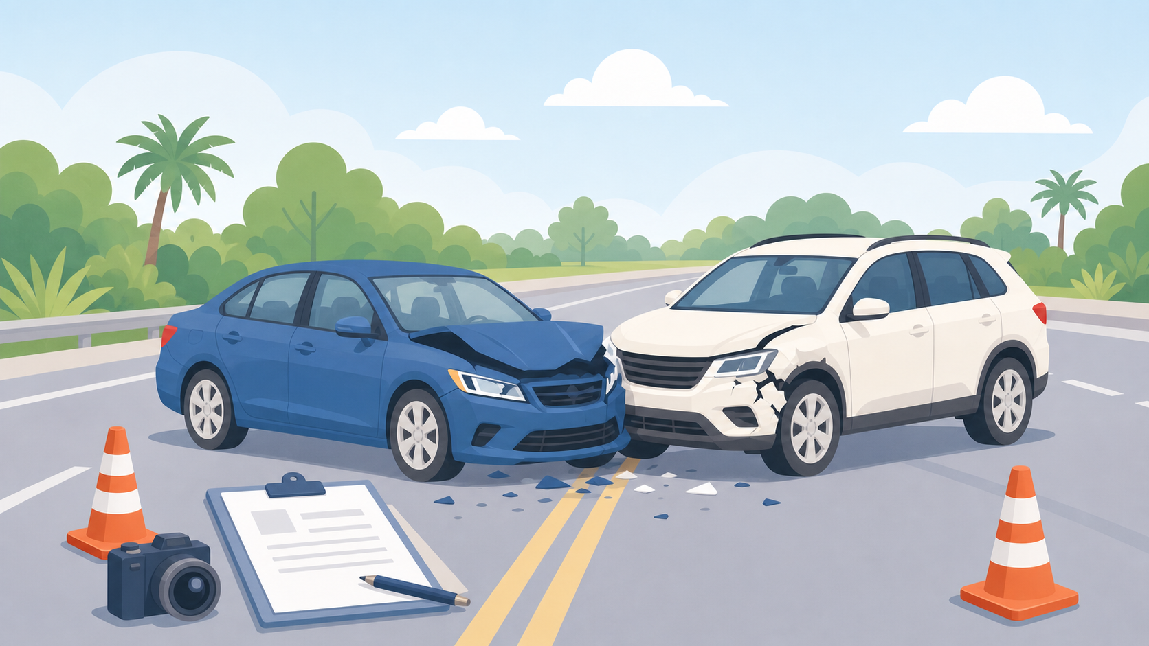 Flat-vector illustration of two damaged passenger vehicles on a coastal highway with traffic cones, a camera, and a clipboard
