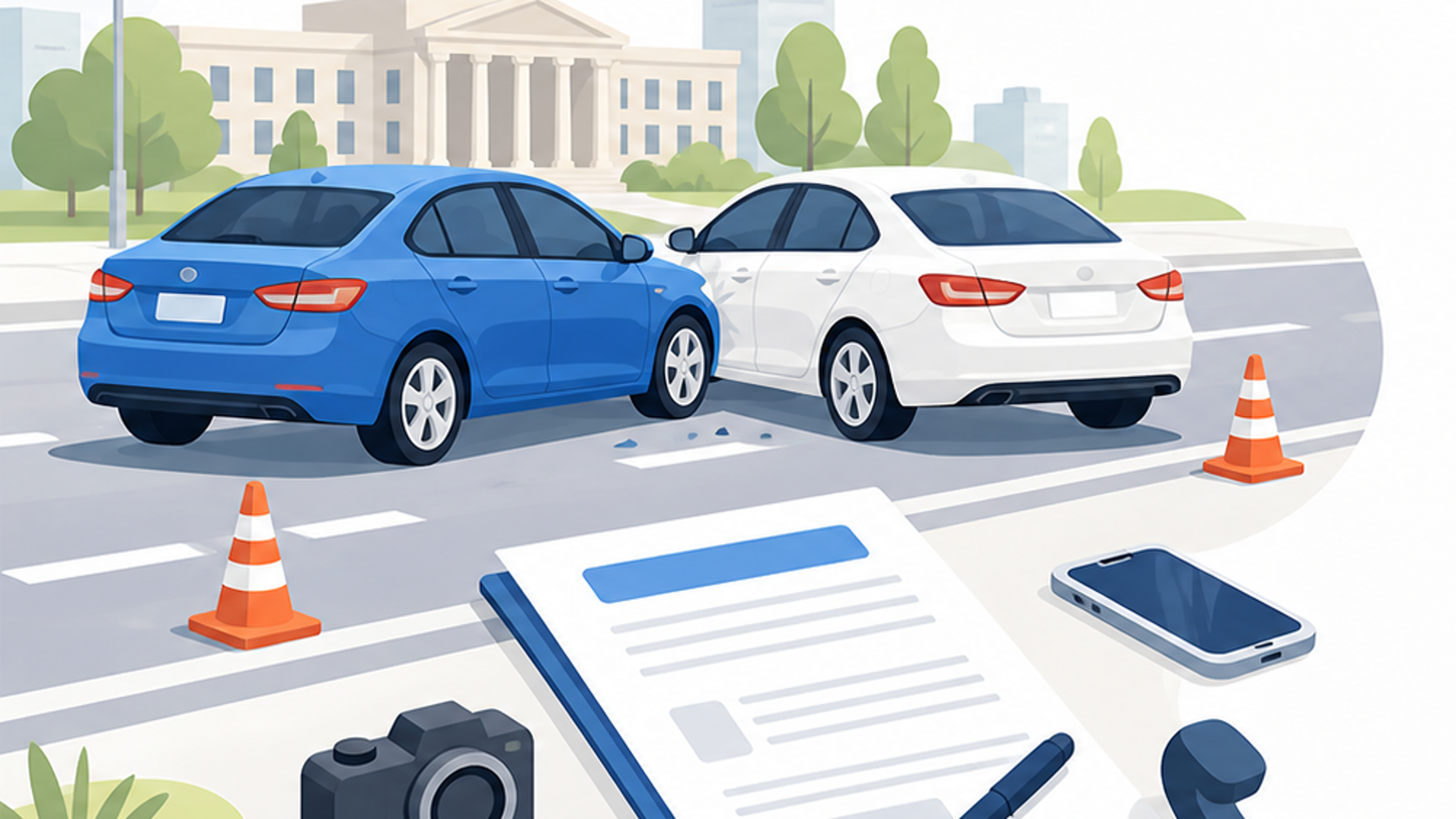 Illustration of two cars after a minor crash with traffic cones, insurance documents, and a phone