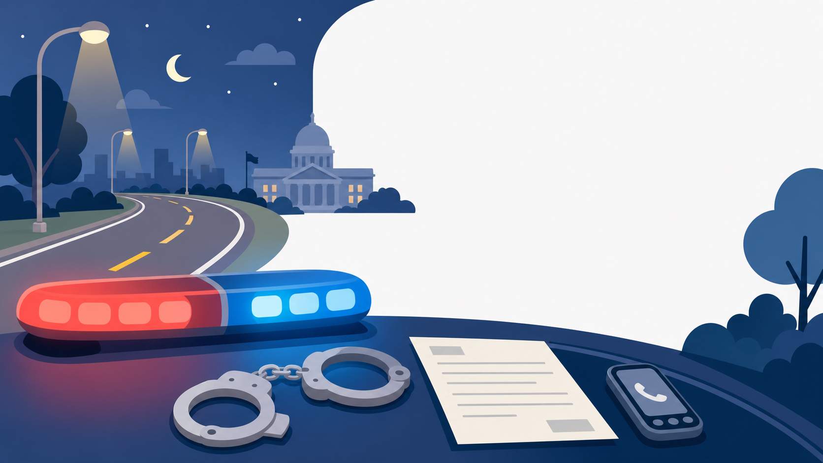 Illustration of a DUI defense scene with a police light bar, handcuffs, citation paper, road, and courthouse
