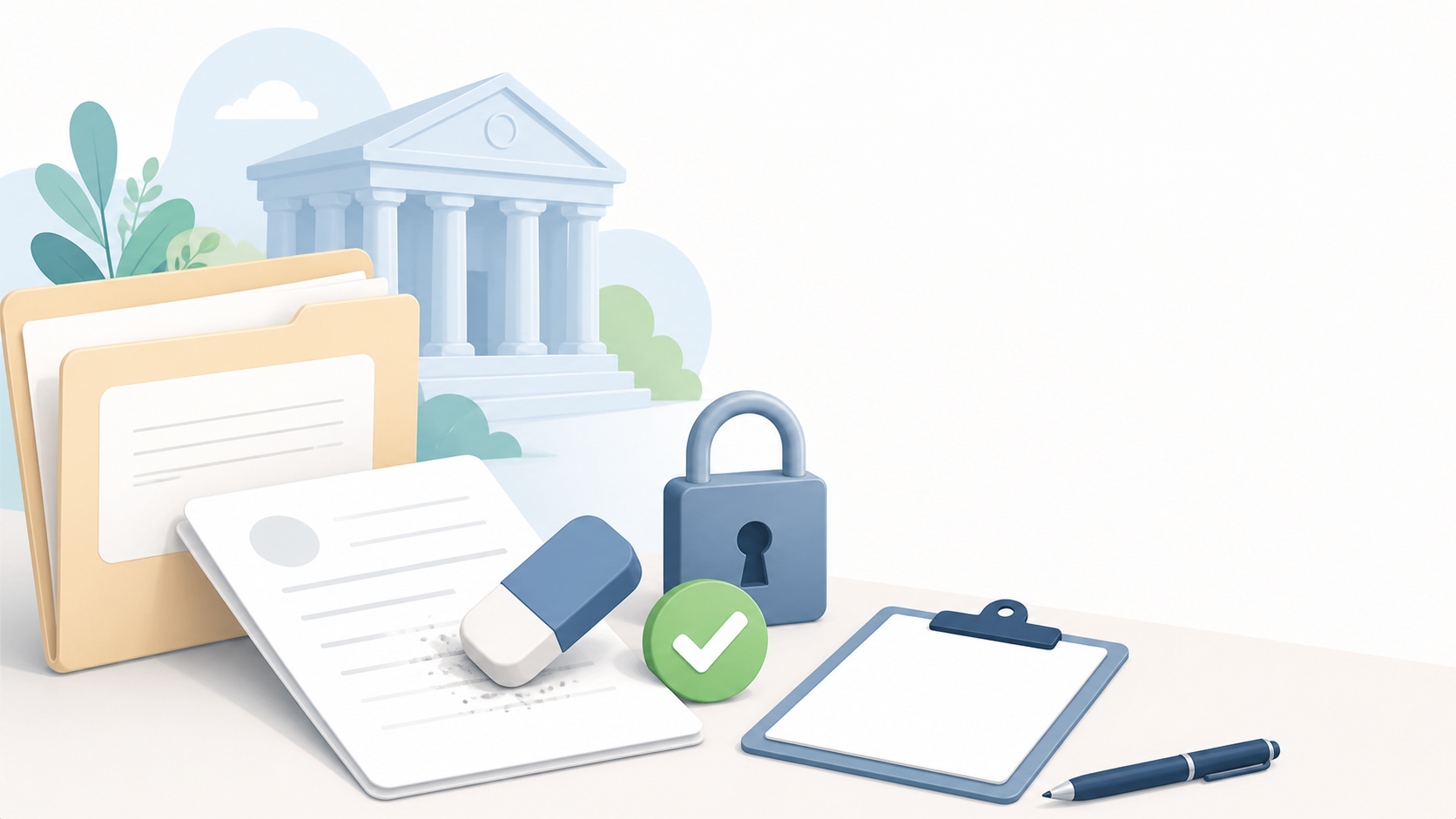 Illustration of a blank court record being erased beside a courthouse, lock, and checkmark