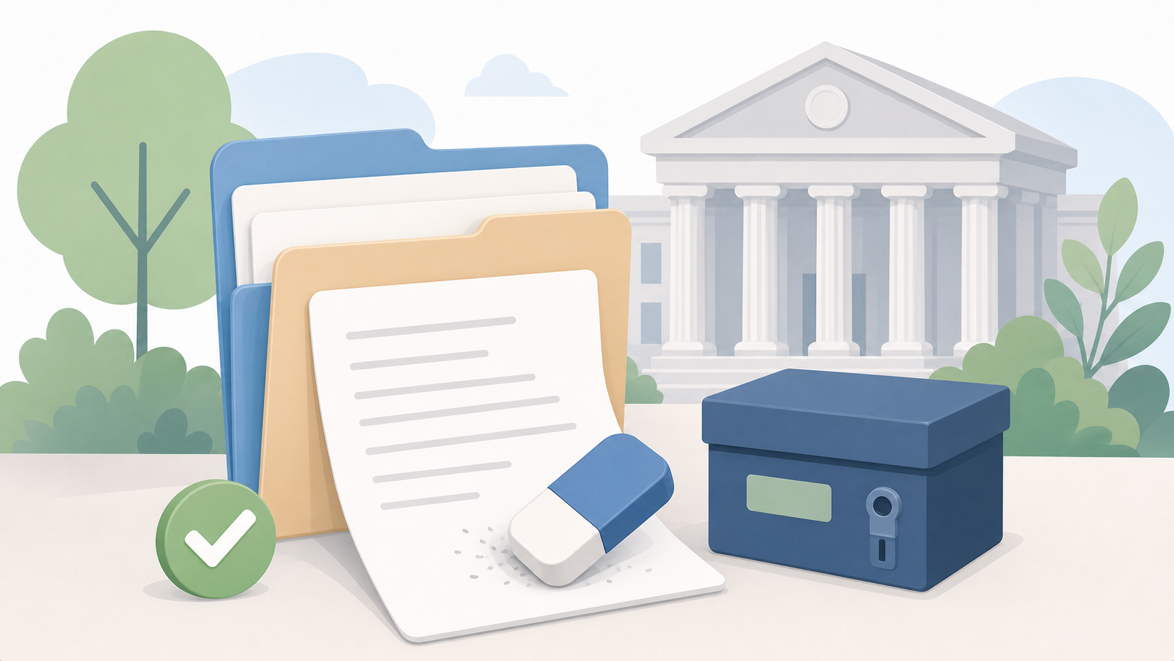 Flat-vector illustration of court records, a file folder, a courthouse, and a clean document representing record relief