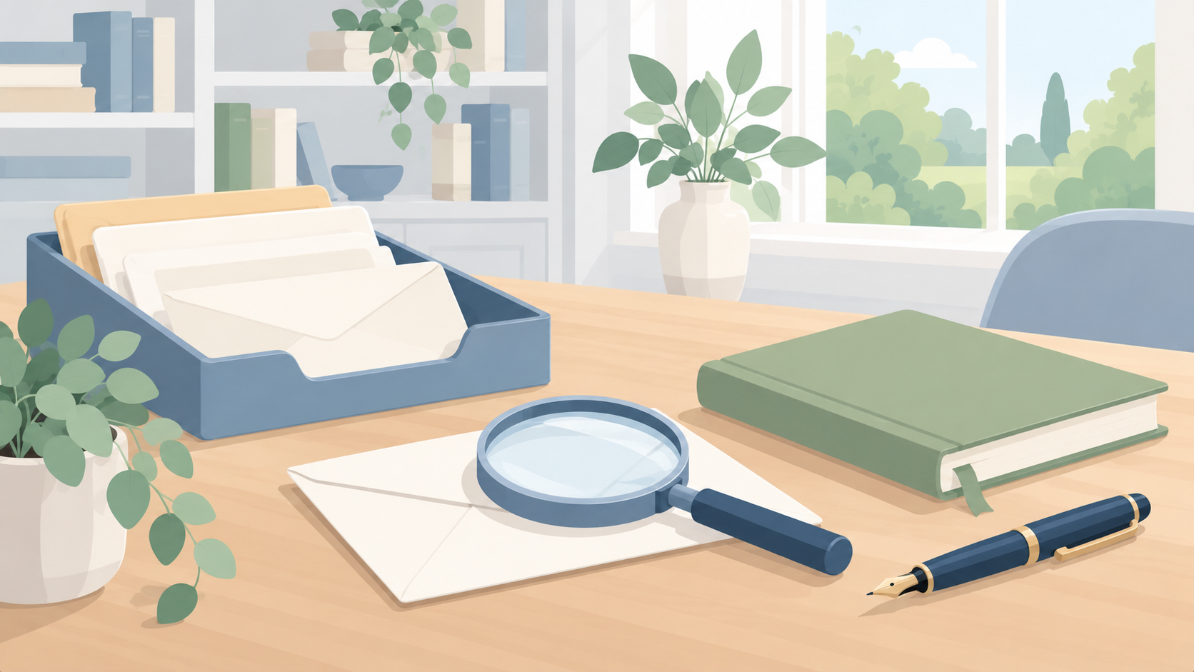 Soft illustration of blank correspondence in a blue paper tray, a magnifying glass, sage journal and pen on a quiet study desk