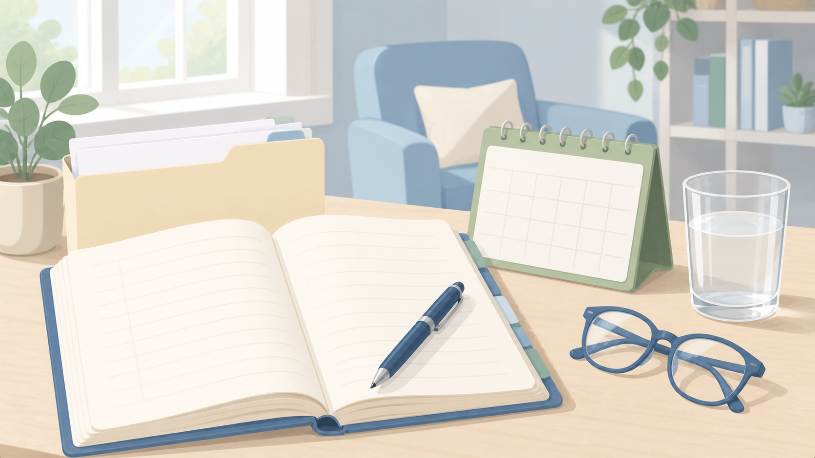 Open journal and pen beside a blank calendar, glasses, water, and a folder in a pale home writing corner