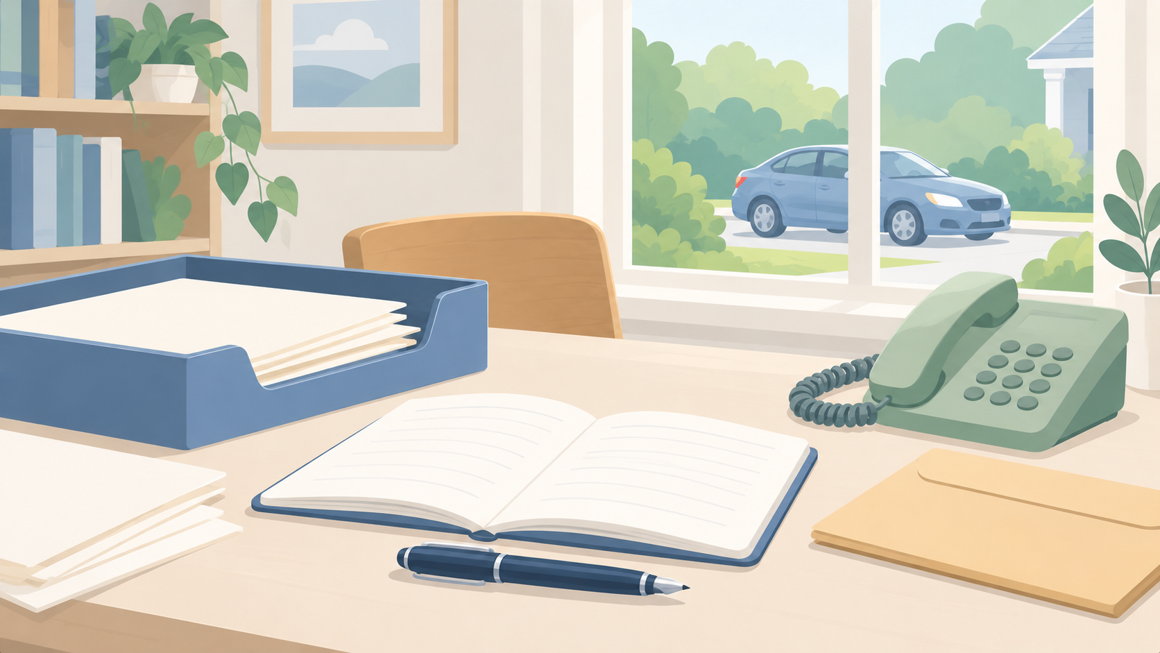 Soft illustration of correspondence, a notebook, pen and telephone on a desk, with a parked car outside the window