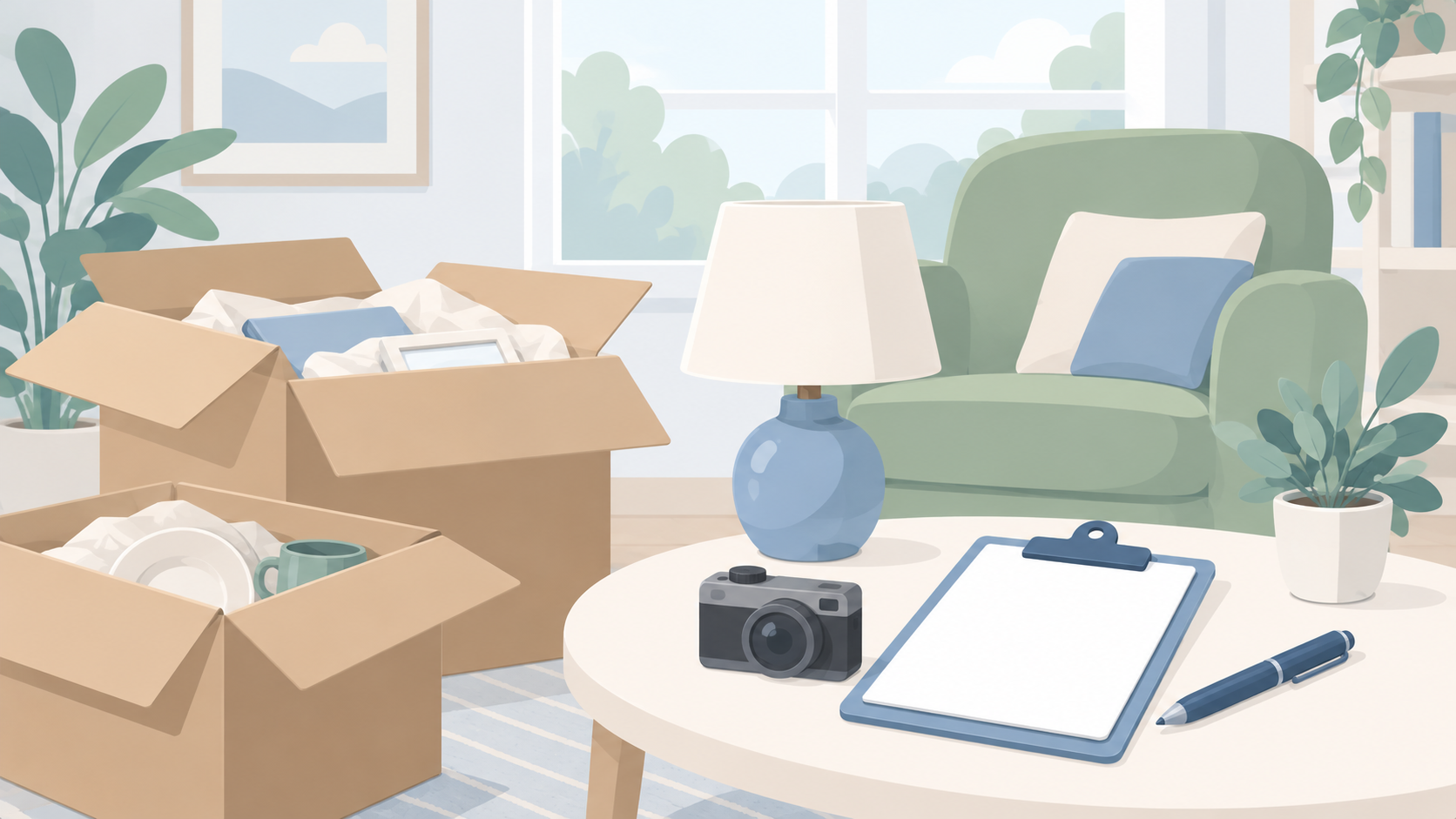 Soft illustration of unpacked moving boxes, a blue lamp, sage armchair, camera and blank clipboard in a quiet living room