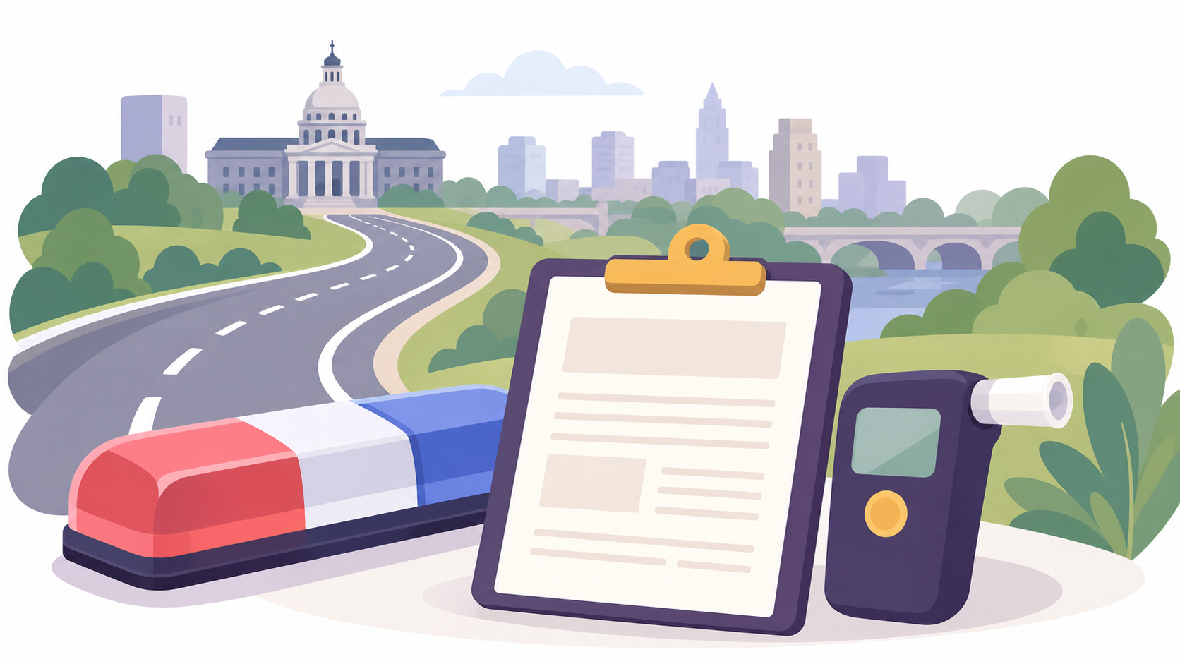 Illustration of a DUI defense scene with a police light bar, handcuffs, citation paper, road, and courthouse