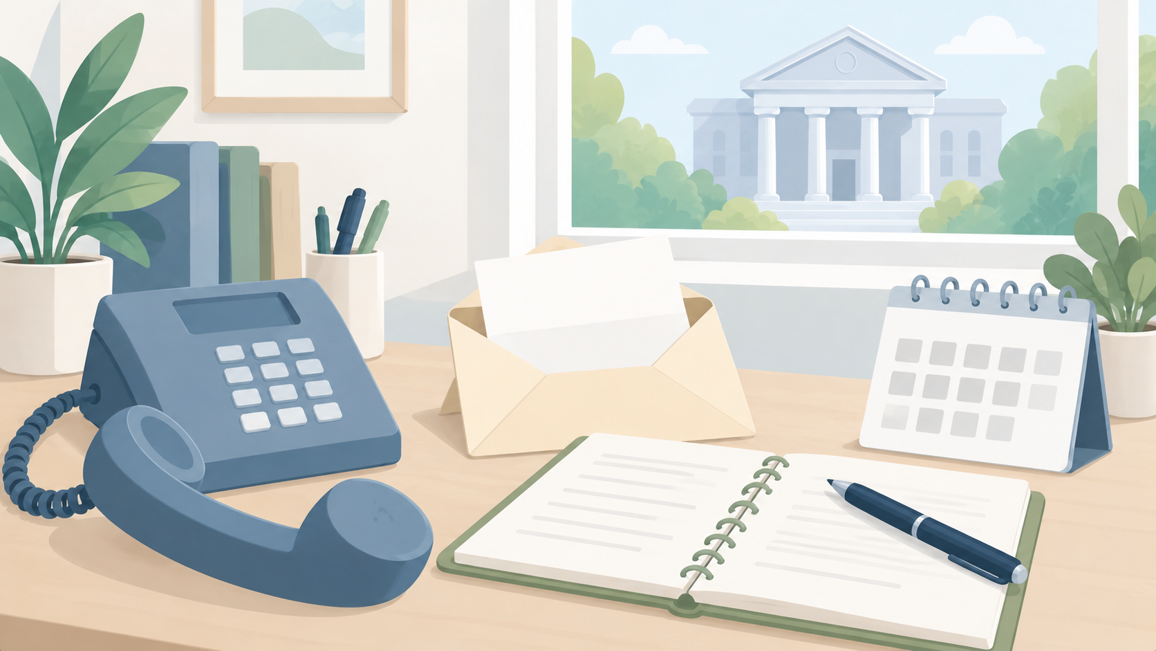 Soft illustration of a blue telephone, open envelope, notebook and blank calendar on a study desk with a pale courthouse outside the window