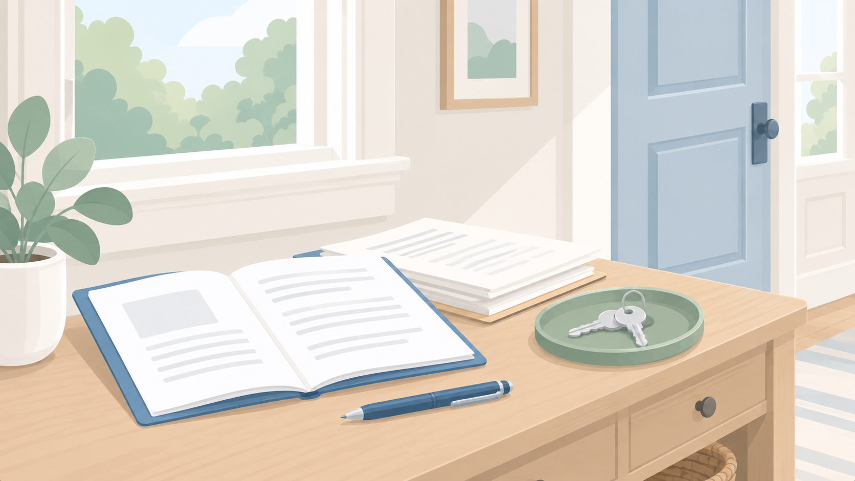 Soft illustration of an information booklet, disclosure papers, pen, and keys on a console table beside an older home's window and blue door