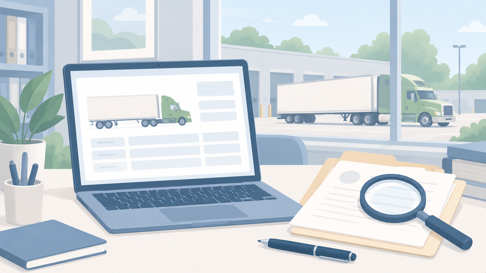 Soft illustration of a laptop and magnifying glass over blank records, with an unmarked truck visible through an office window