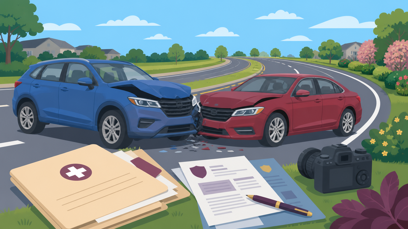 Flat-vector illustration of a two-vehicle collision, roadway evidence, medical records, and insurance documents