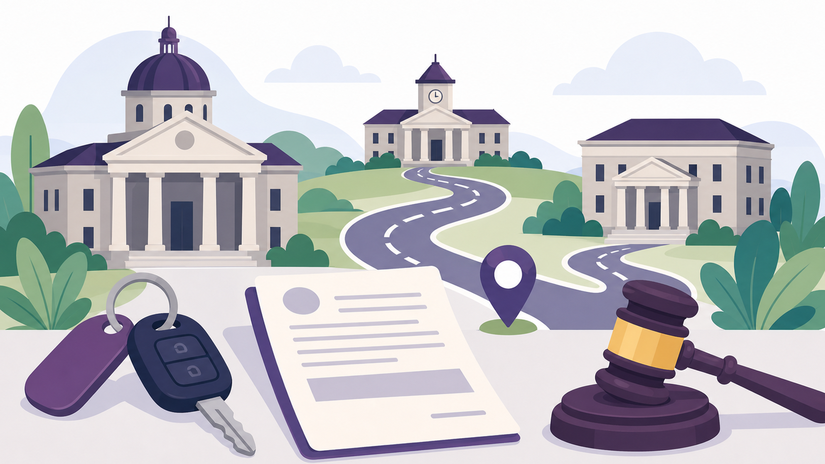 Illustration of several courthouses, a road, car keys, a citation, and a judge's gavel