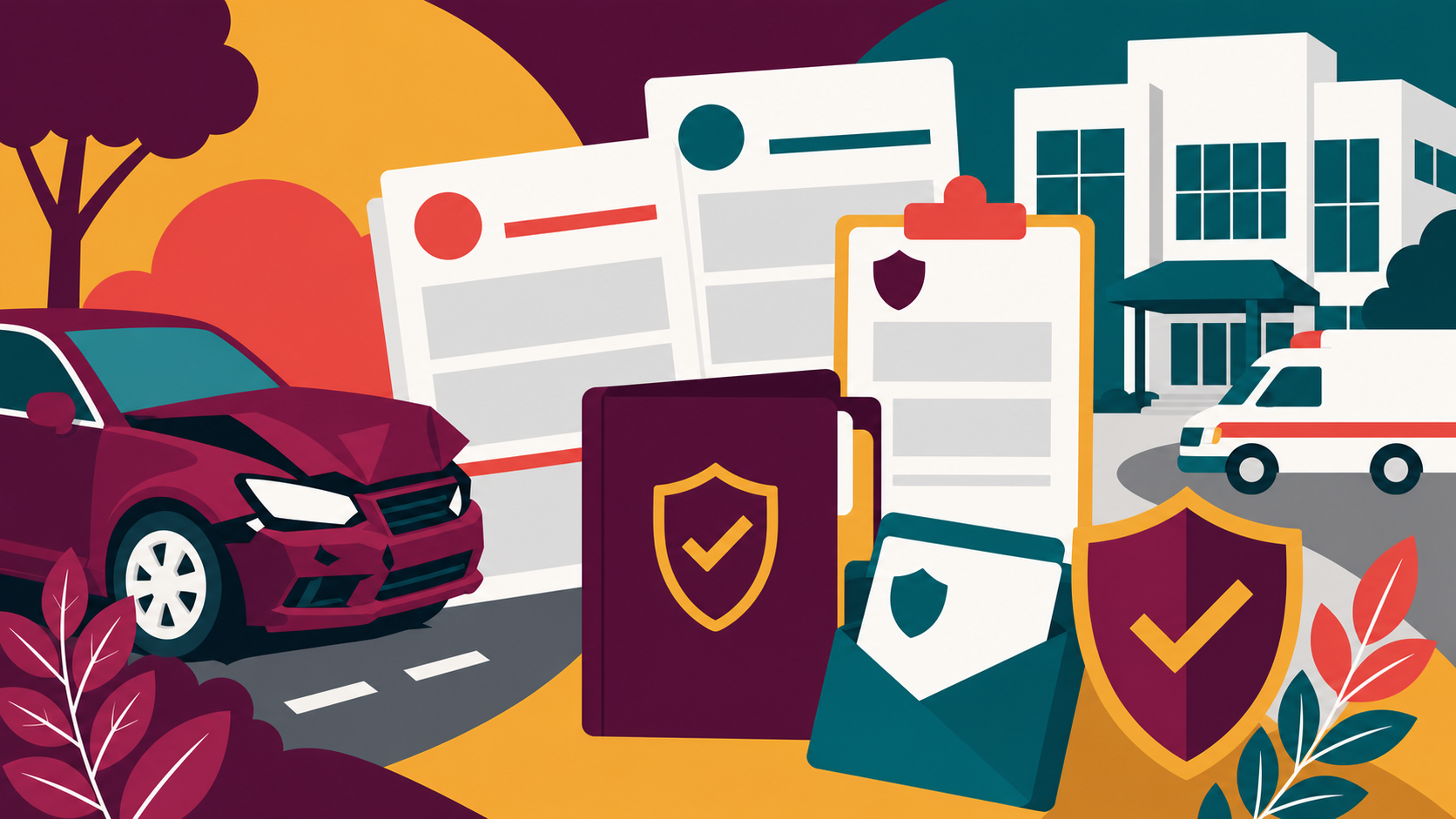 Flat-vector scene showing a damaged car, medical records, insurance folders, shields, and an unmarked clinic and emergency vehicle