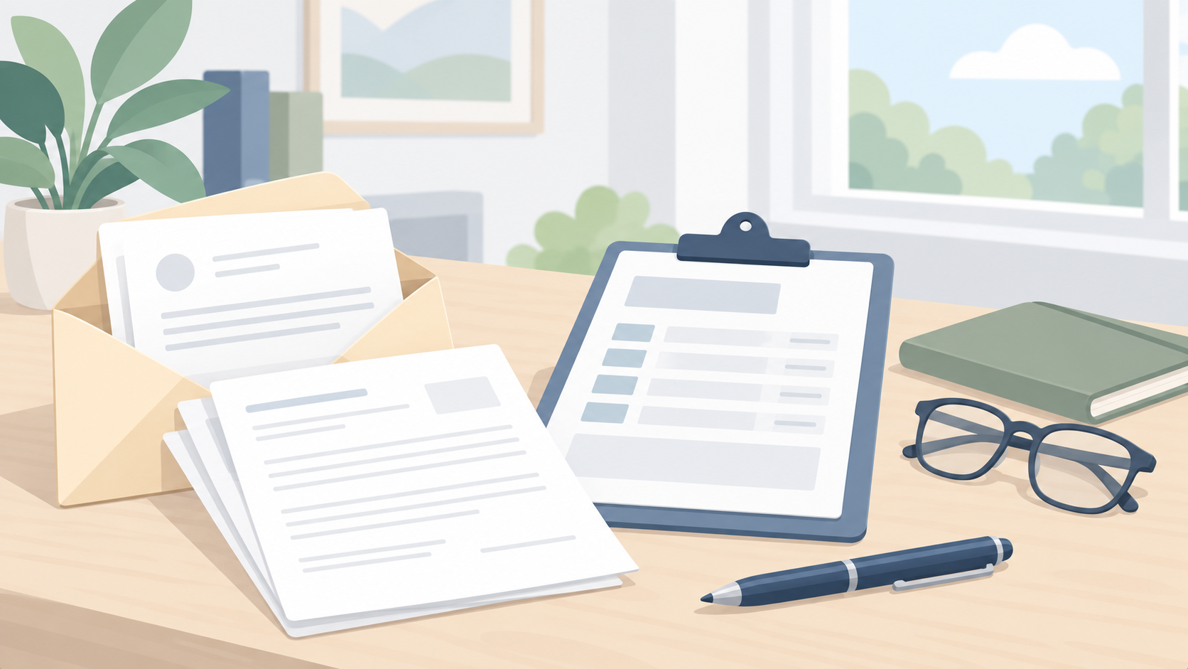 Opened envelope, layered correspondence, payment-summary clipboard, reading glasses, notebook, and pen on a pale wooden desk