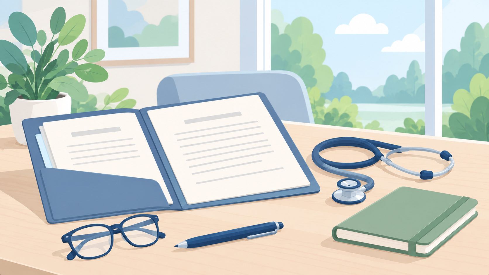Soft illustration of an open blue document folio, stethoscope, notebook, glasses, and pen on a consultation table by a garden window