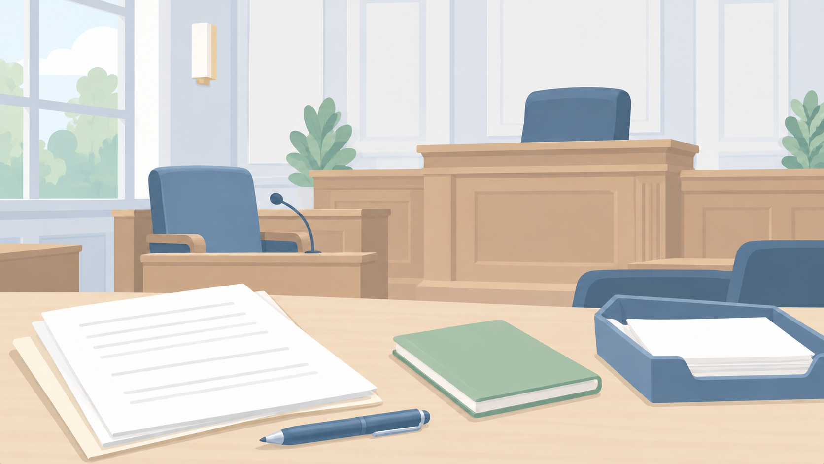 Soft illustration of court papers, a pen, notebook, and document tray on a counsel table in an empty pale courtroom