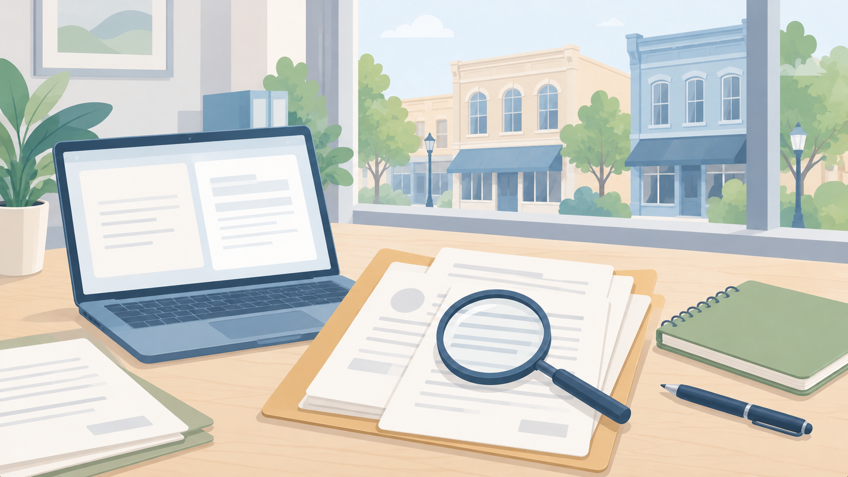 Soft illustration of a laptop, open document folio, magnifying glass and notebook in a quiet office overlooking storefronts