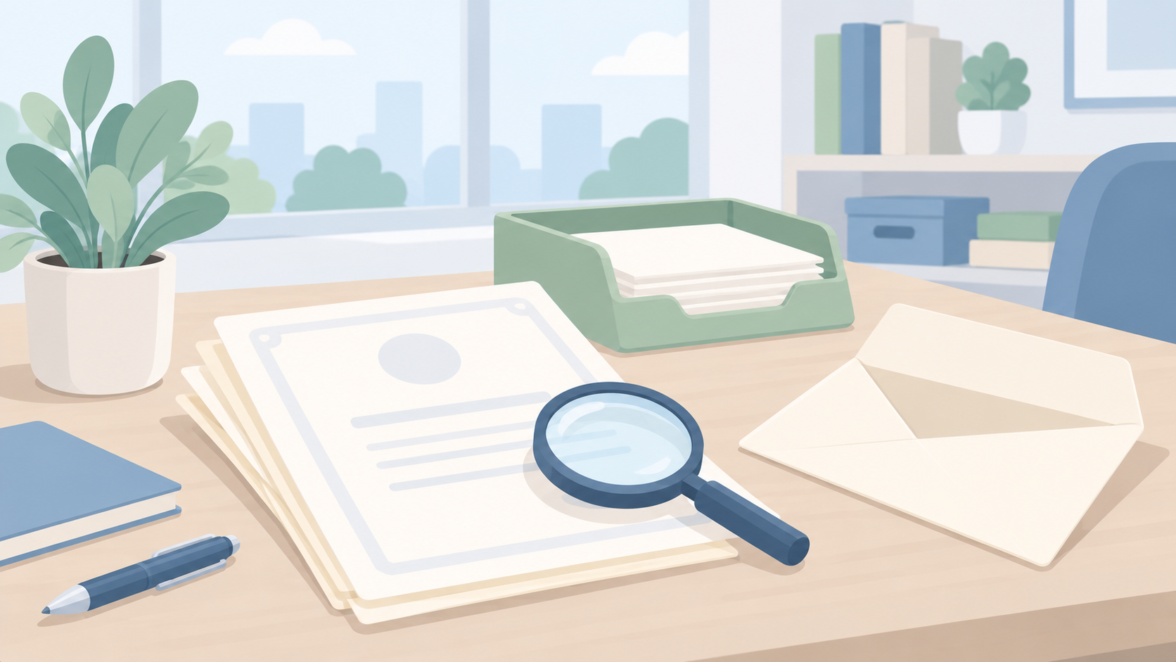 Soft illustration of certificate papers, a magnifying glass, an envelope, and a sage document tray on an office desk