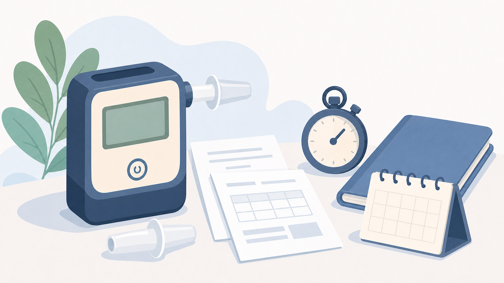 Flat illustration of a breath-test device, blank test receipt, stopwatch, calendar, and certification folder