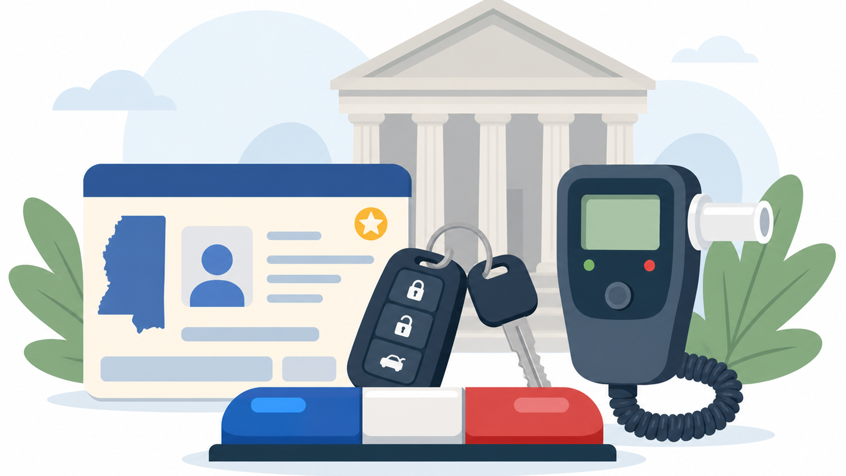 Flat illustration of a driver license card, car key, ignition interlock device, police light bar, and courthouse