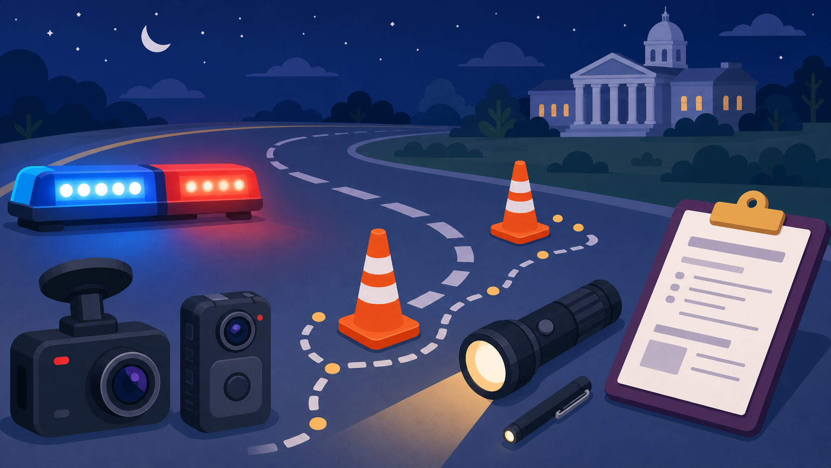 Flat illustration of a nighttime DUI field sobriety scene with a police light bar, traffic cones, flashlight, camera, HGN eye icon, blank clipboard, road, and courthouse