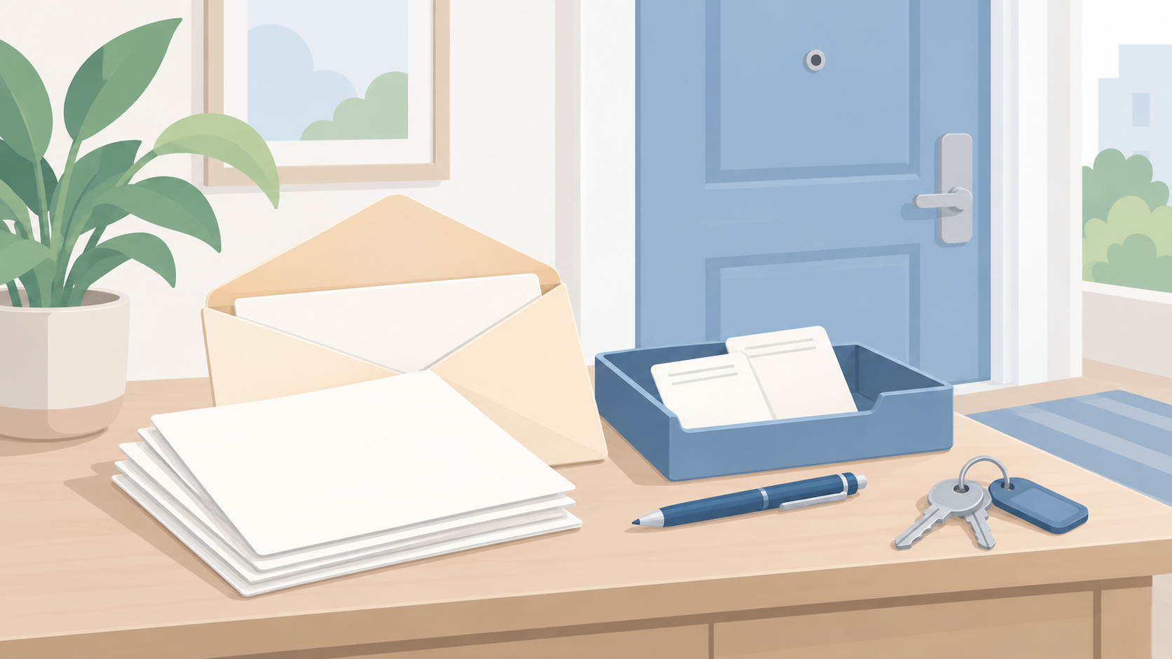 Soft illustration of an open envelope, notice papers, blue letter tray, pen, and keys on an apartment entry table