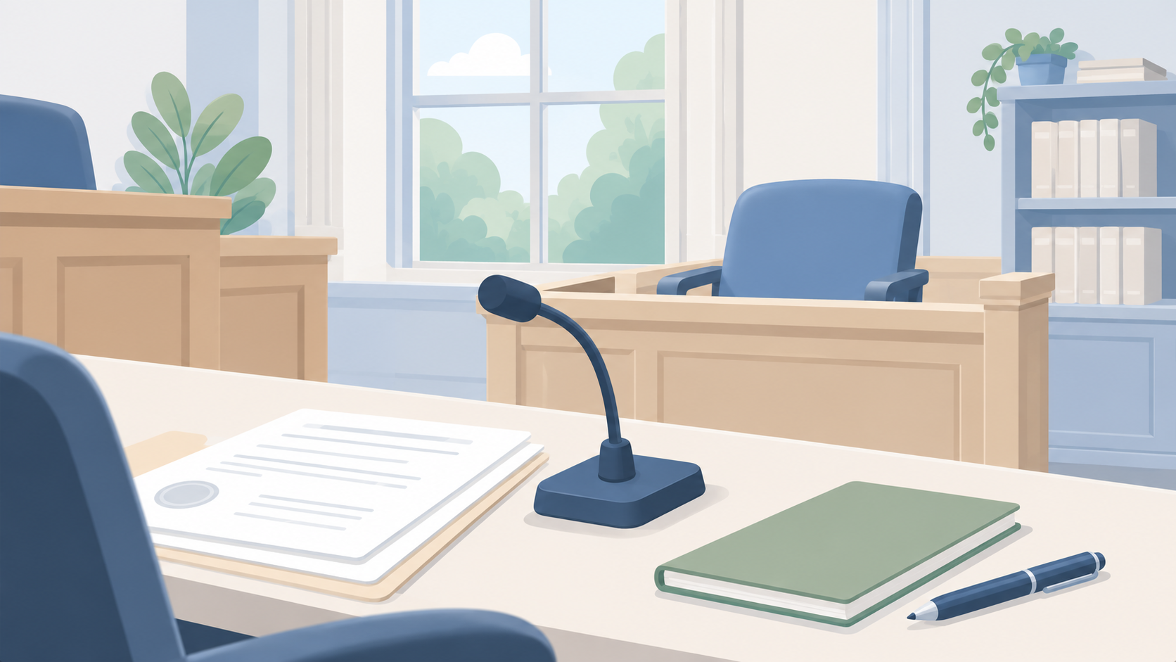 Soft illustration of a microphone, papers, notebook, and pen facing an empty witness chair in a pale courtroom
