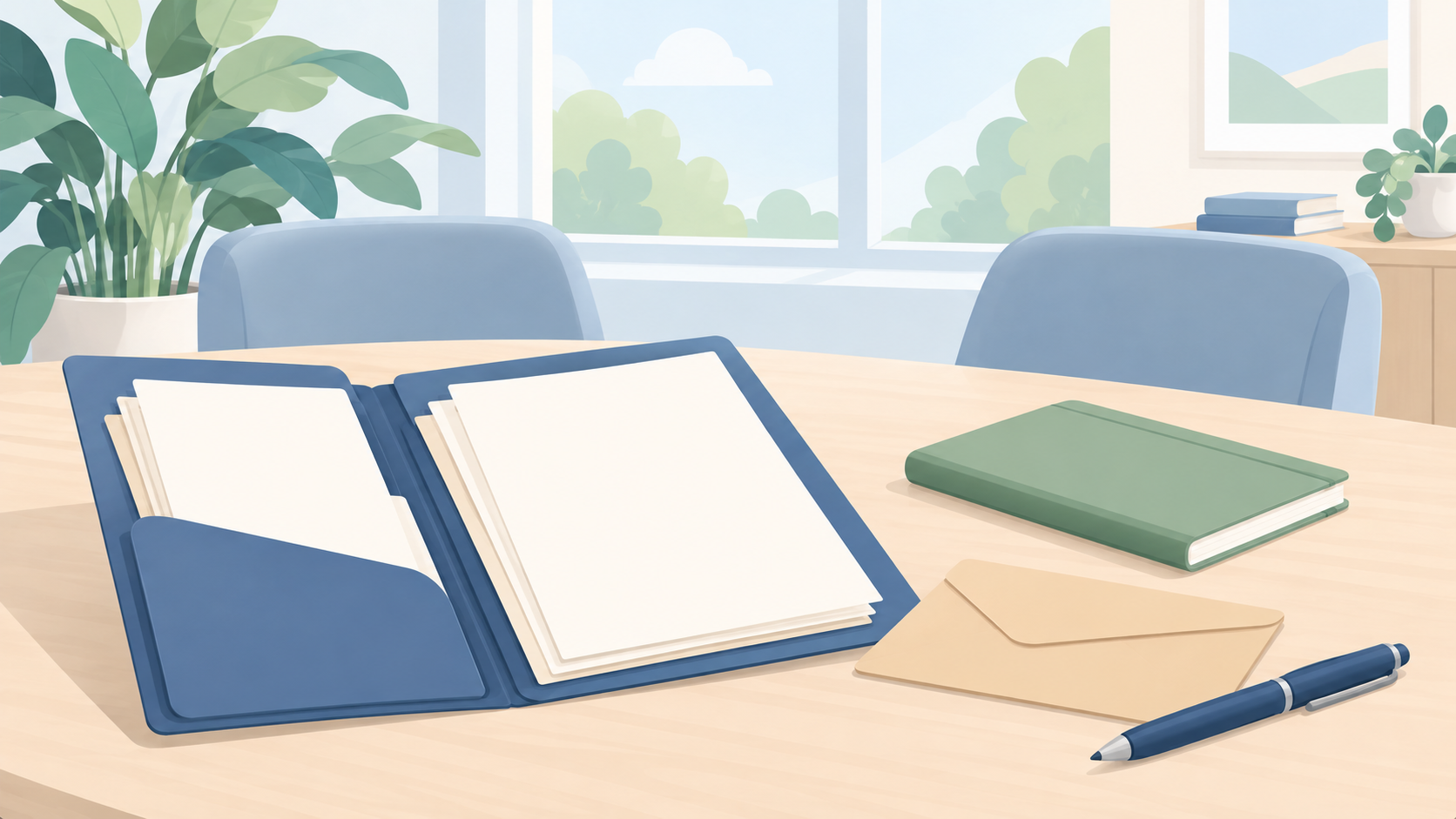 Soft illustration of an open blue document folio, blank papers, an envelope, sage notebook and pen on a consultation table with empty chairs