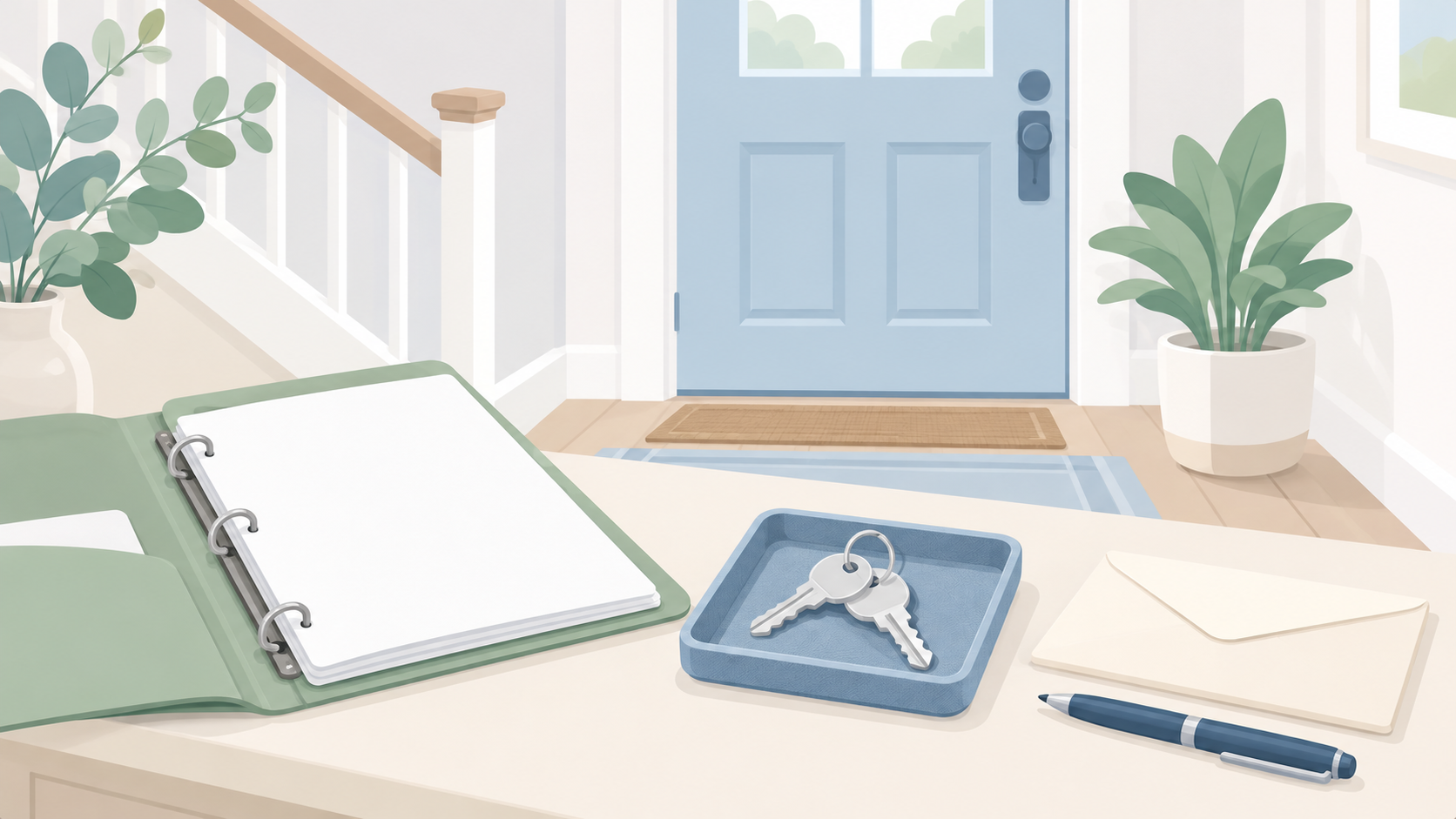 Soft illustration of a sage binder, keys in a blue tray, envelope and pen on a table beside a pale apartment entry door